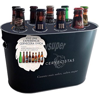 Mahou Cervezas especiales estuche 8 variedades (san Miguel Selecta, Manila Mahou Maestra) + guía de cata y maridaje + cubitera los cervecistas Pack 9 botellas x 33 cl