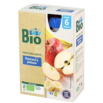 Carrefour Bio Preparado de manzana y plátano sin azúcar añadido desde 6 meses ecológico My Carrefour Baby Bio sin gluten pack de 4 Bolsitas de 100 g