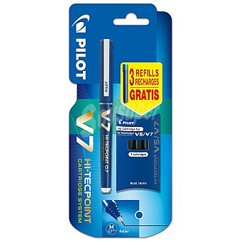 Pilot Bolígrafo tipo roller punta mediana y grosor de 0.7mm, tinta líquida azul + 3 recambios pilot V-7