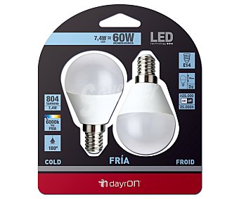 Dayron Bombillas led esféricas de 7.4W, con casquillos E14 (finos) y luz fría DAYRON.